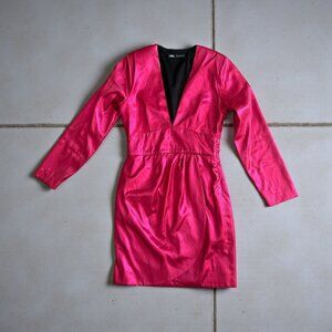 ZARA Metallic Pink Deep V Long Sleeve Mini Dress Size Small